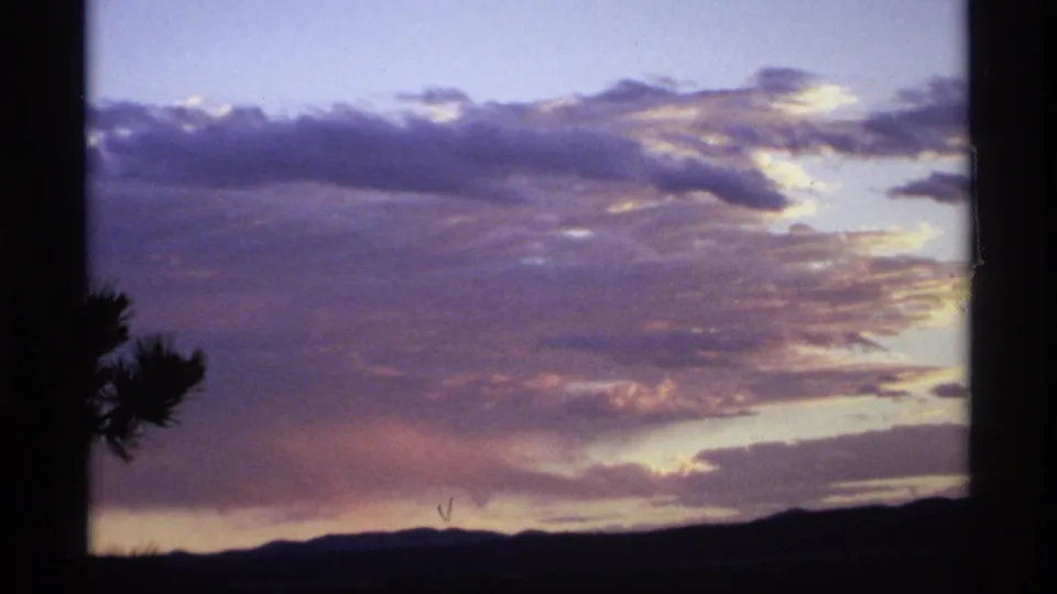 8mm frame of a purple-blue sunset sky over a dark ridge line, with a pine silhouette near the left frame edge.
