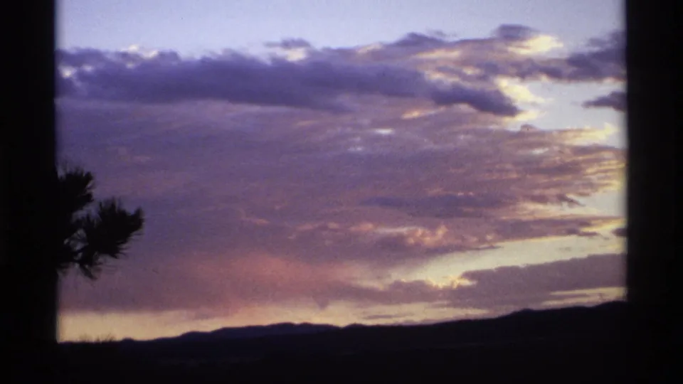 Home-movie sunset view with purple cloud layers, a dark mountain horizon, and pine branches silhouetted along the left border.