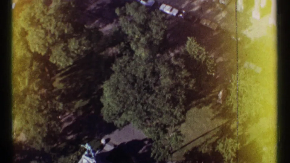 1967 Montreal aerial frame looking down over a tree-lined park area with paths, lawn, and street activity at the edges.