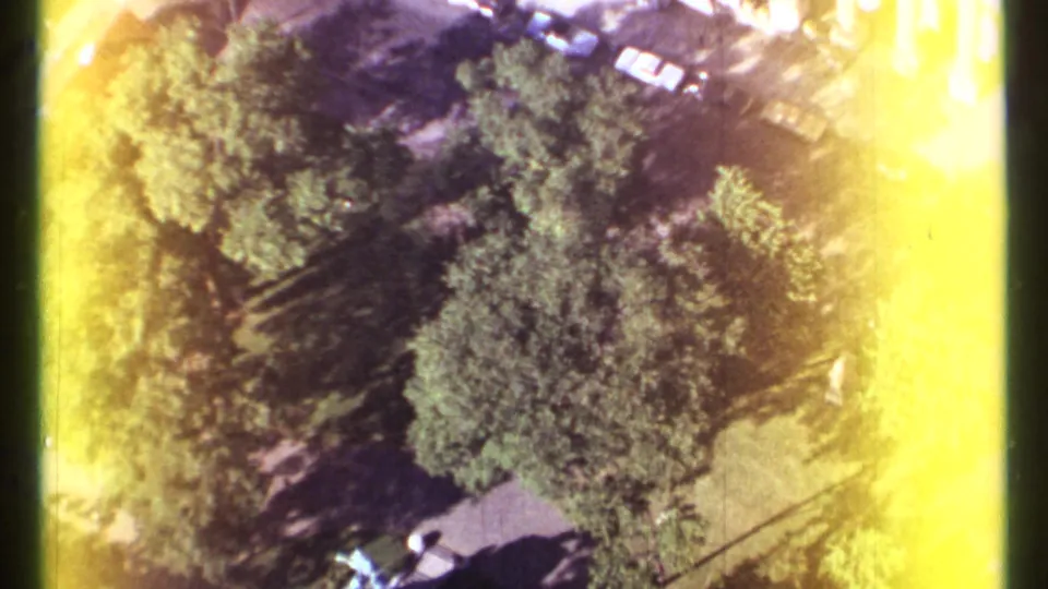 1967 Montreal home-movie frame looking down over a green park-like area with trees, paths, shadows, and yellow film-edge flare.