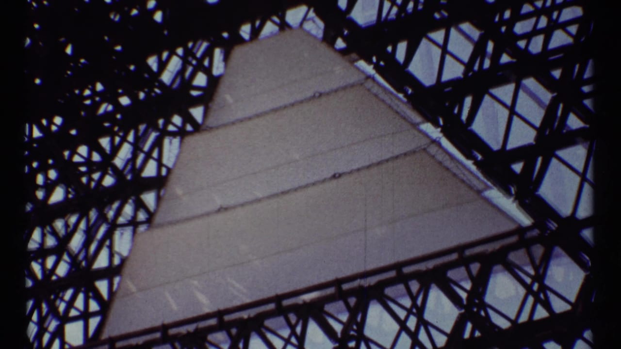 Low-angle view of pale panels framed by dark metal latticework.