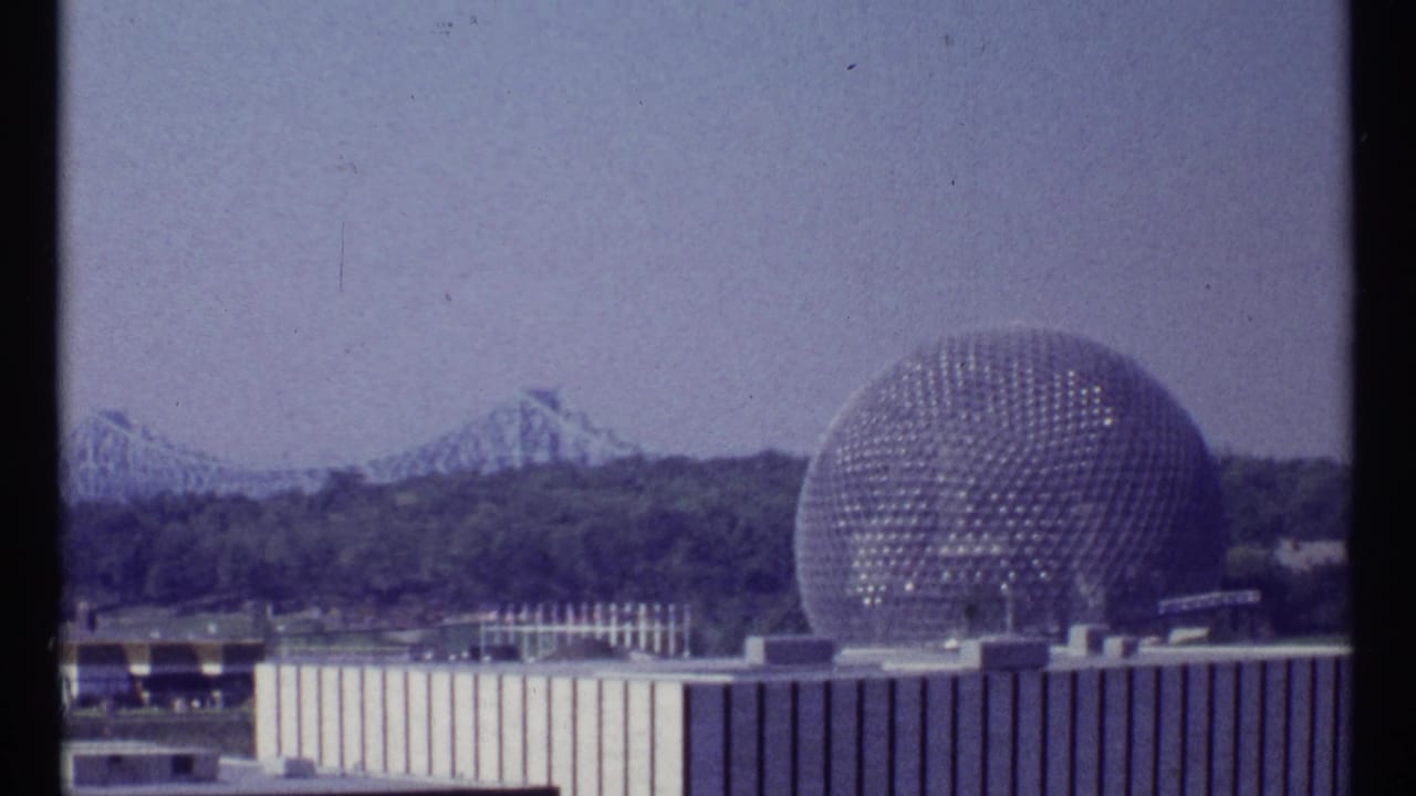 Geodesic dome with distant roller coaster and trees in the foreground.