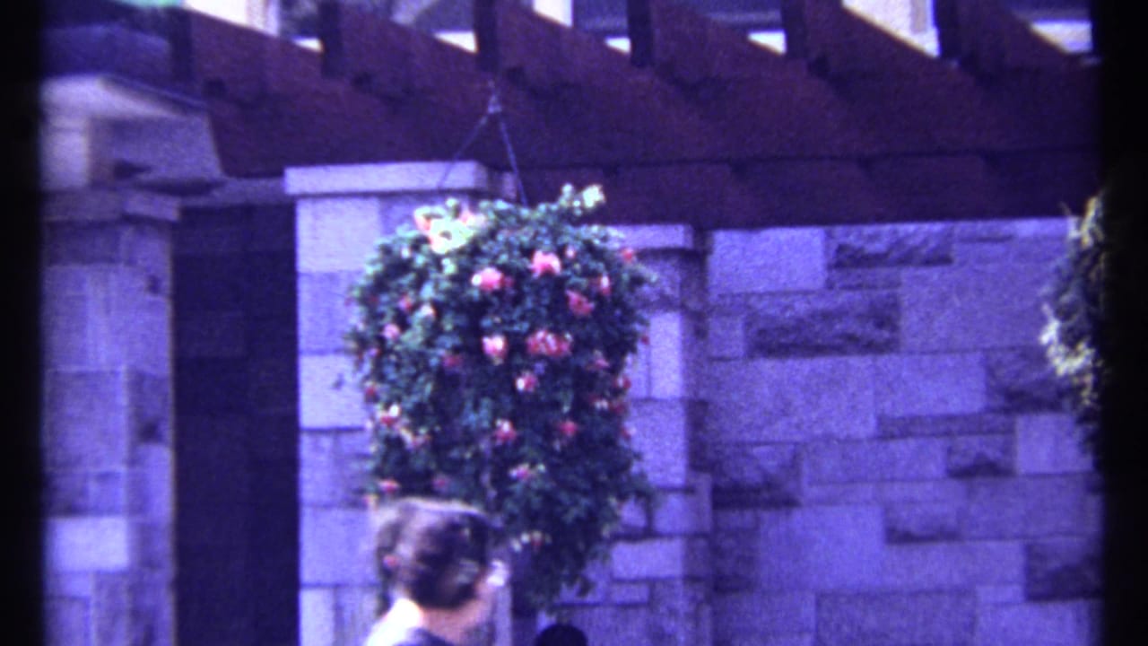 1967 Montreal 8mm frame showing a hanging basket of pink flowers near stone masonry, with a passerby partly visible at the bottom.