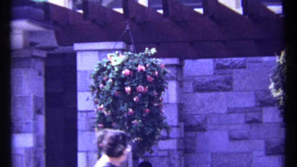 1967 Montreal 8mm frame showing a hanging basket of pink flowers near stone masonry, with a passerby partly visible at the bottom.