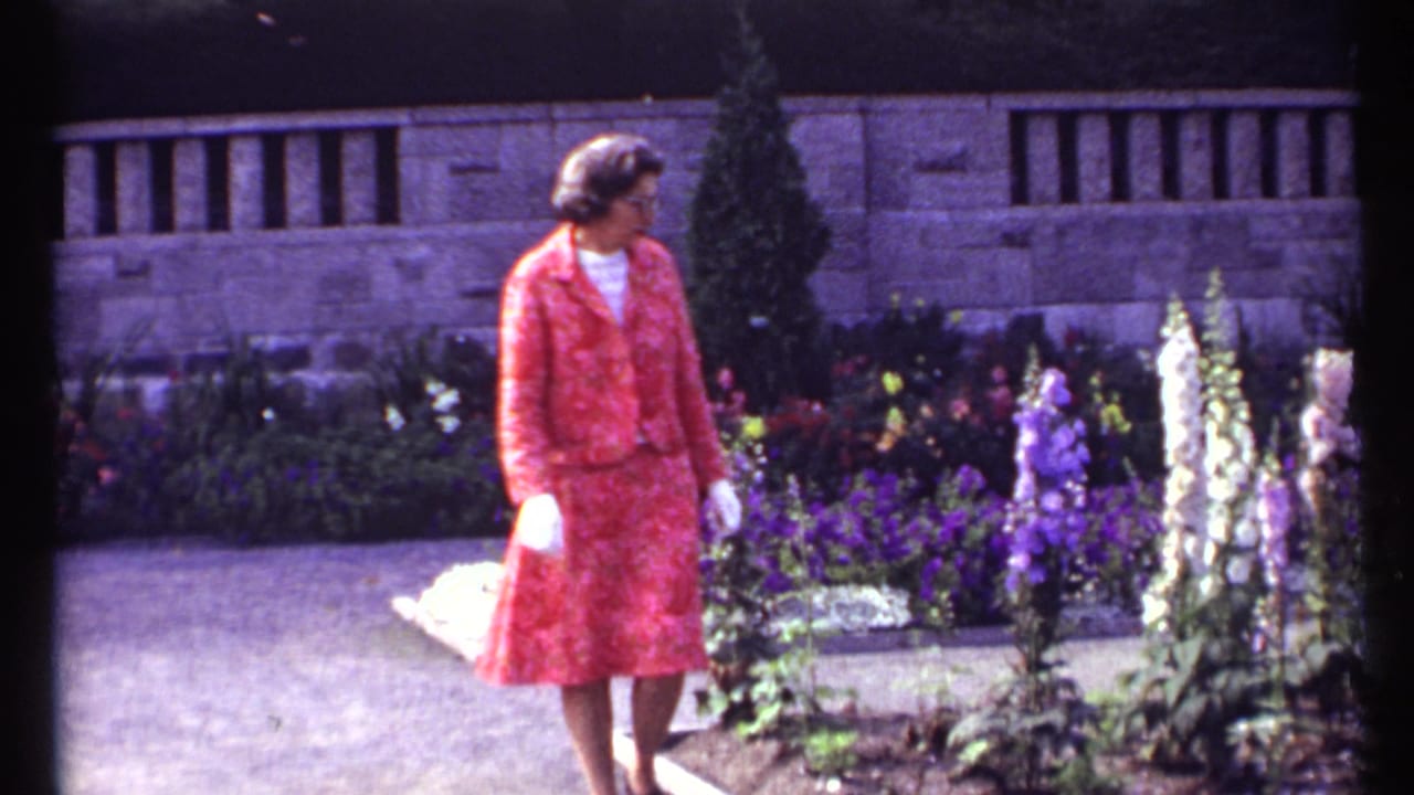 Woman in a red patterned dress walks beside tall flowers and a stone wall.