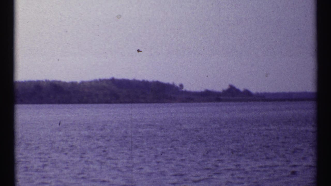 Calm water stretches toward a distant tree-lined shore under a hazy sky.