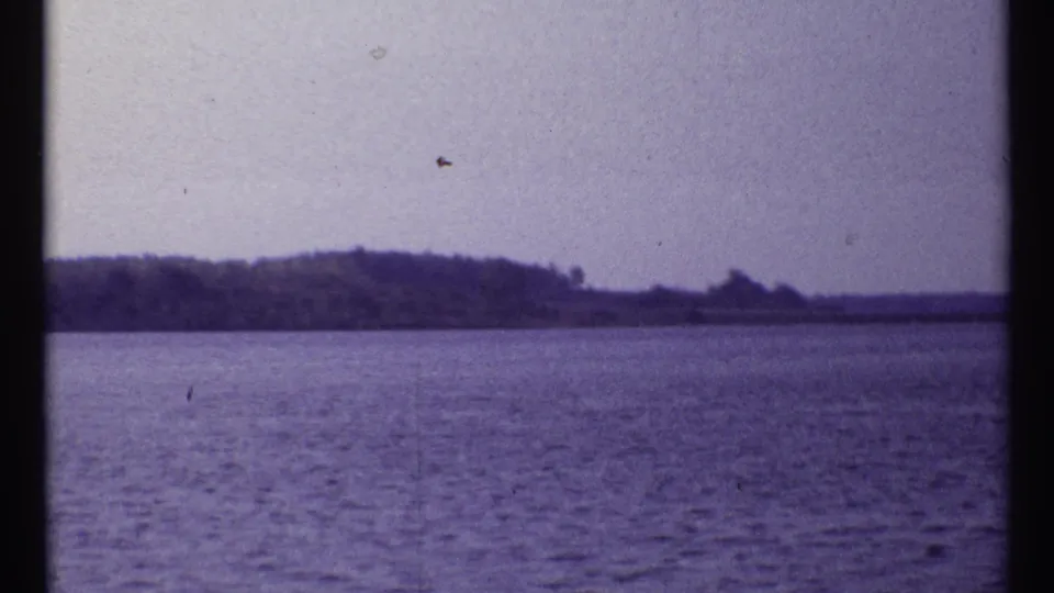 1967 Montreal home-movie frame showing calm purple-tinged water and a low wooded shoreline beneath a hazy sky.