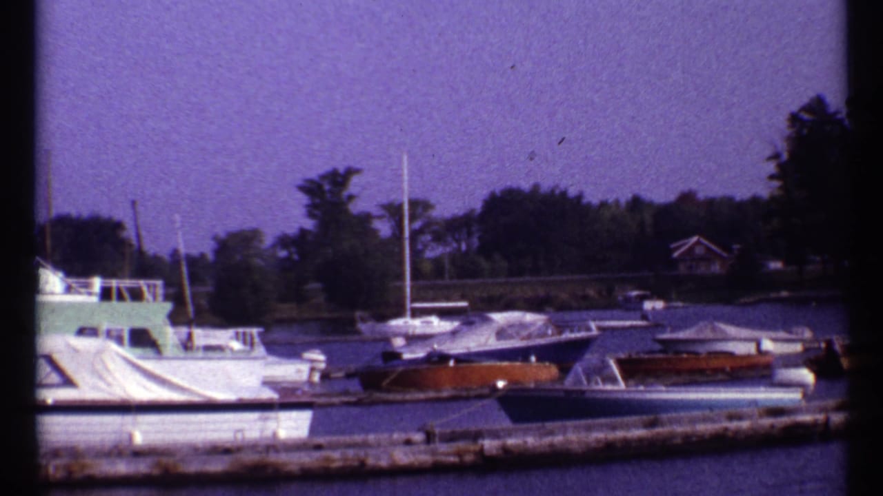 Docked cabin cruiser and covered boats with trees and a distant shoreline building.