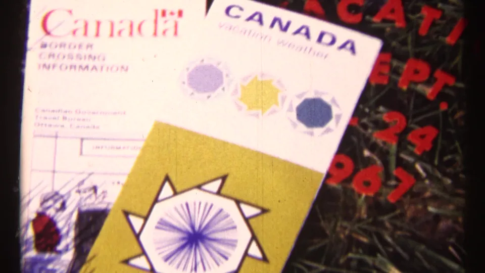 Canadian border and weather travel brochures appear over the red 1967 vacation lettering, with Canada and Ottawa text visible.