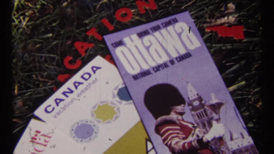 1967 Ottawa travel materials on grass, with a Come to Ottawa guide, Canada vacation weather pamphlet, and partial red date lettering.