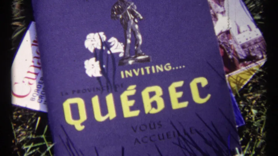 1967 Ottawa travel footage showing a purple Quebec invitation brochure with yellow lettering and printed figure artwork.