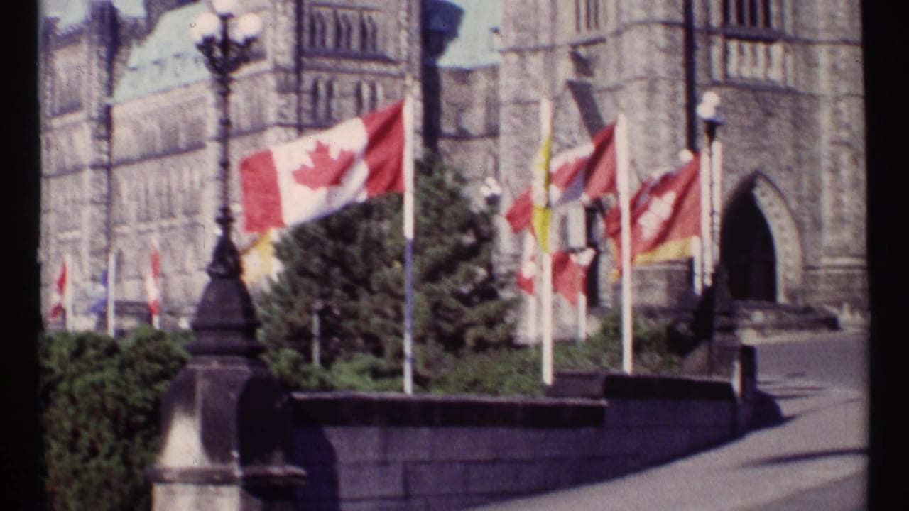 Canadian flags wave in front of stone Parliament architecture and a lamppost.