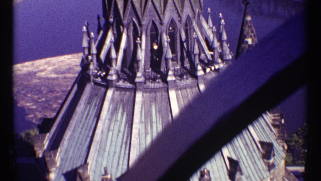 Similar close view of Gothic roof spires with a dark diagonal beam in the foreground.