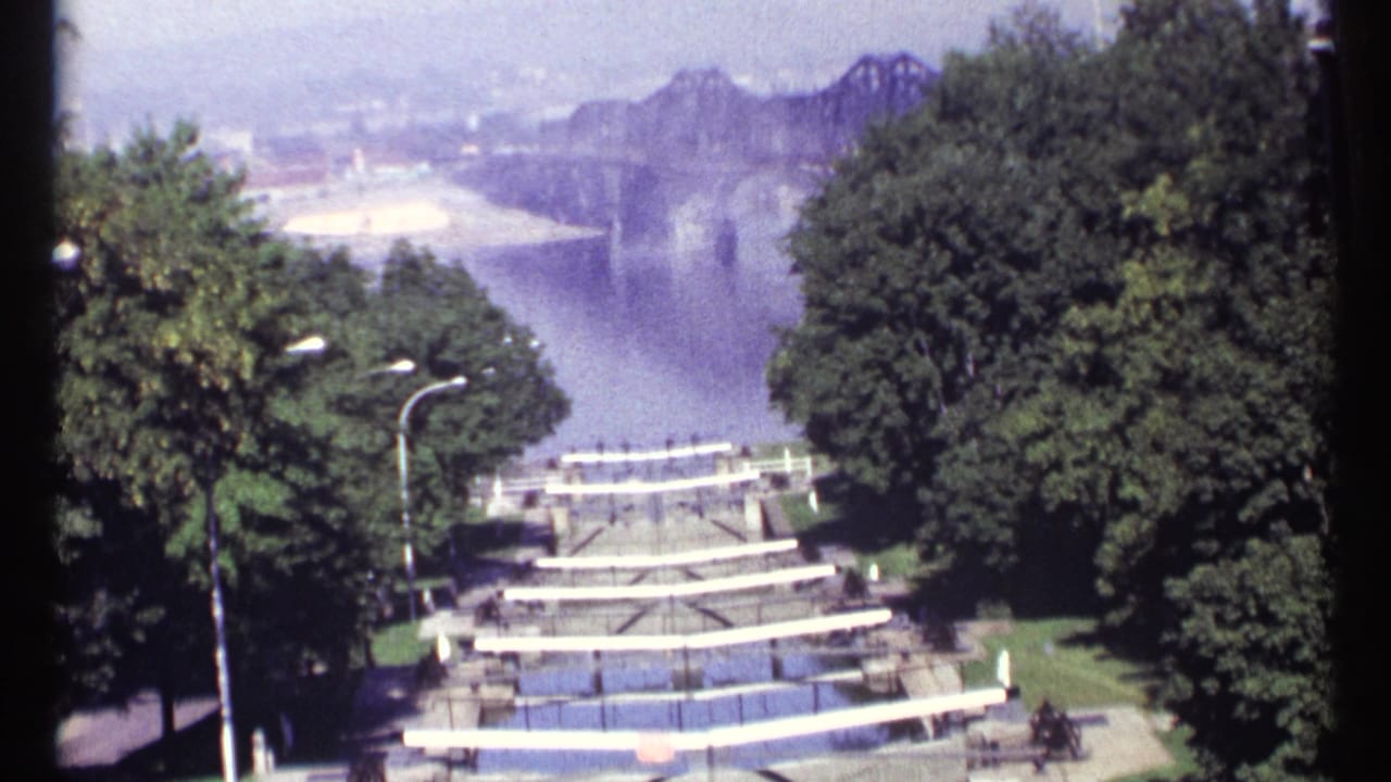 River overlook with trees, white railings, and a distant bridge.