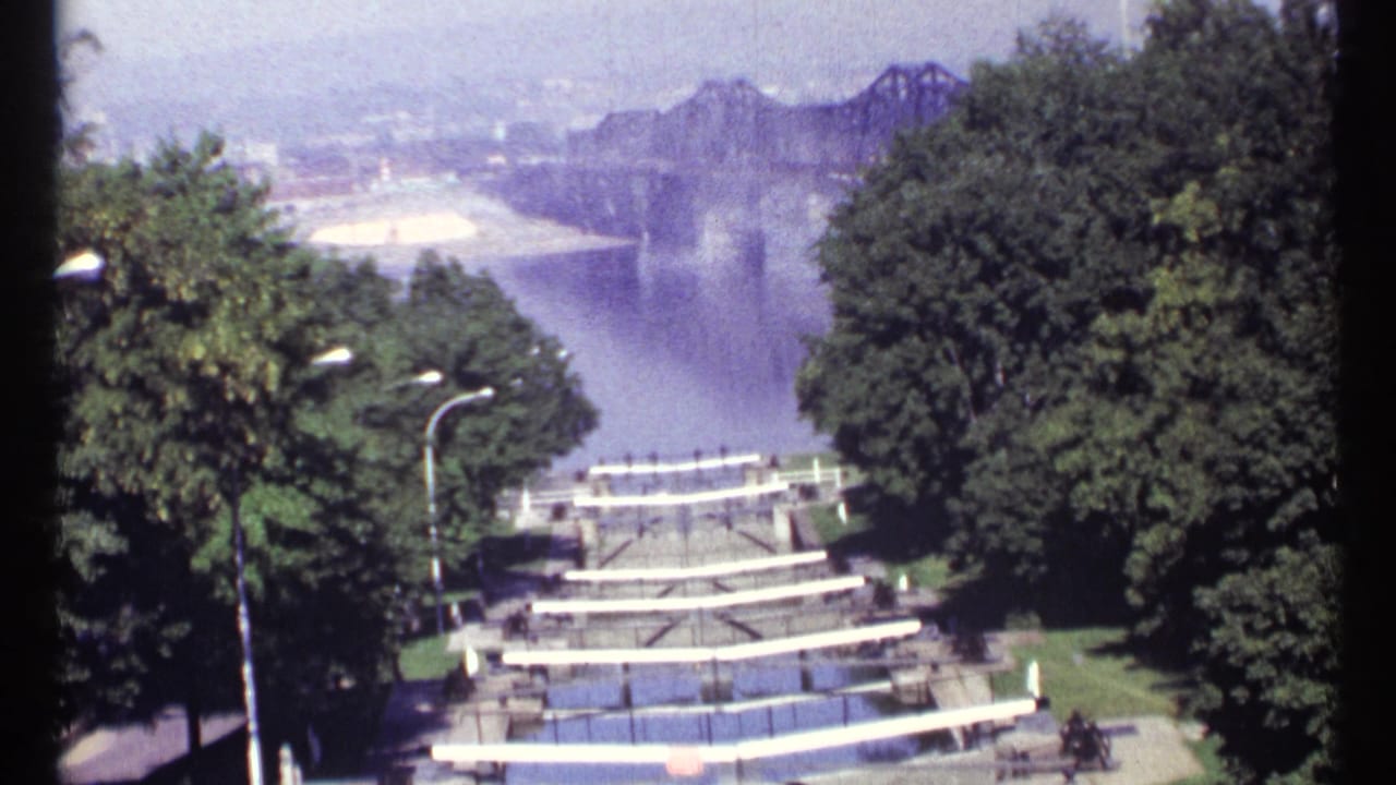 River and bridge view repeated from a leafy overlook.