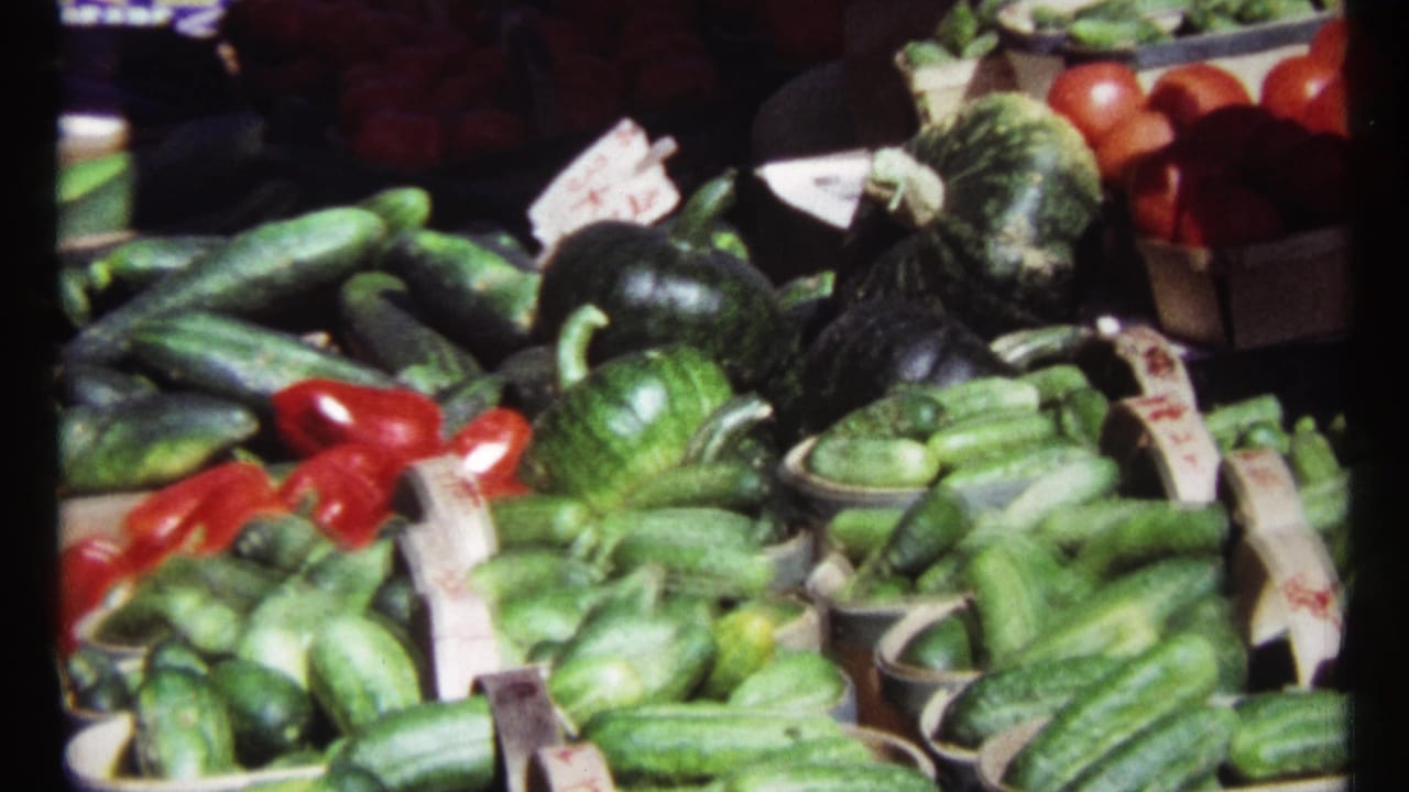 Close view of cucumbers, tomatoes, peppers, squash, and handwritten price tags at a produce stall.