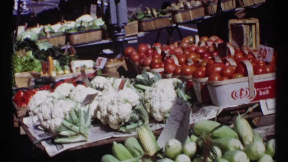 1967 Ottawa street-market produce display with cauliflower, tomatoes, corn, baskets, crates, and handwritten price signs.
