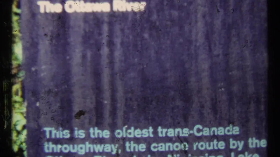 Title card from the 1967 Ottawa footage, with text describing the Ottawa River and a trans-Canada canoe route.