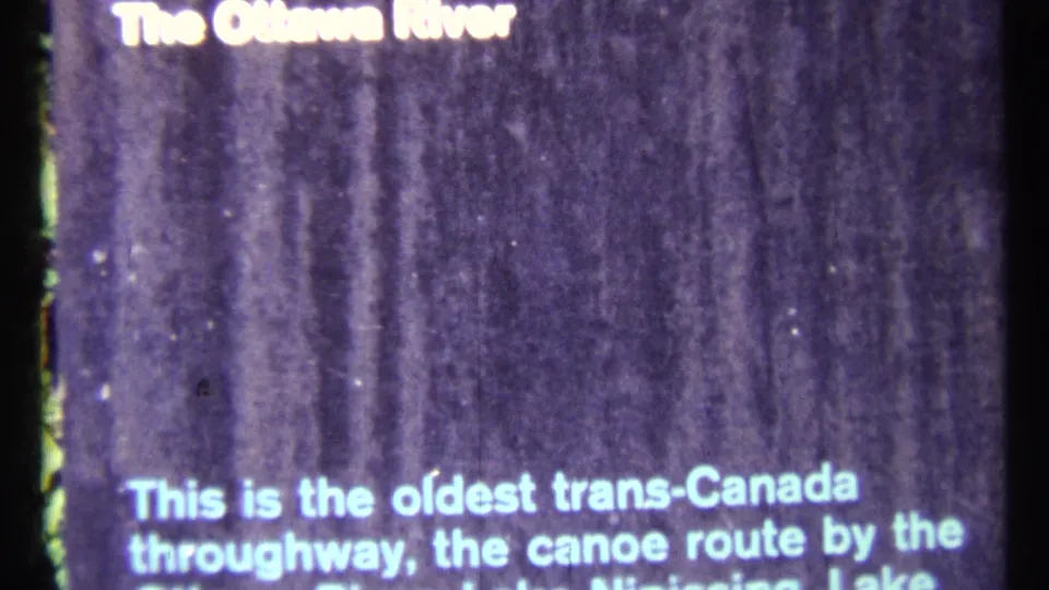 A closer title-card view reads The Ottawa River, with explanatory text below on a dark filmed background.