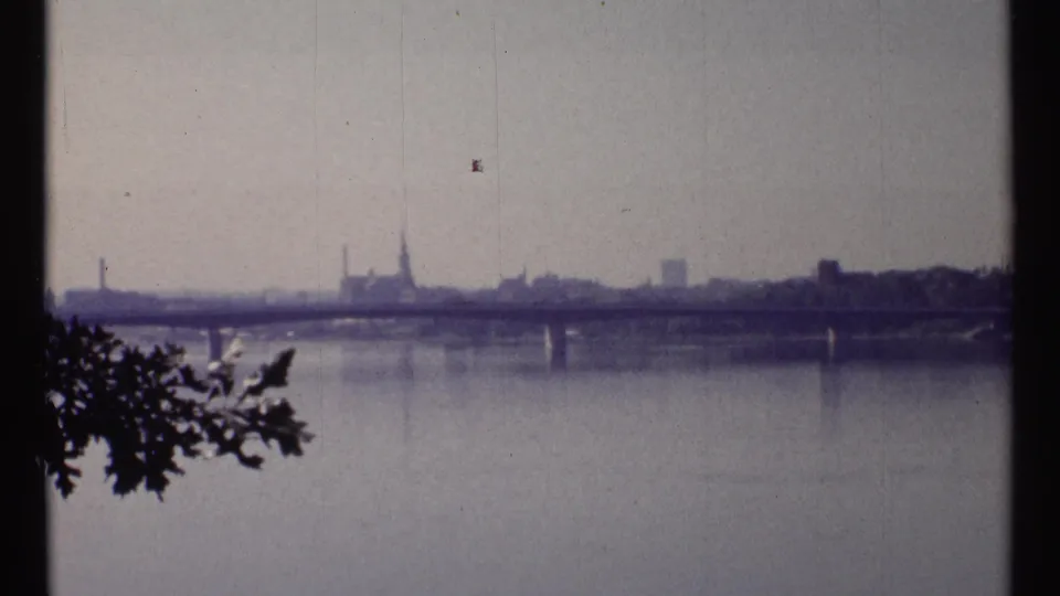 Ottawa riverfront seen from across the water, with a bridge, skyline silhouettes, and leafy branches in the foreground.