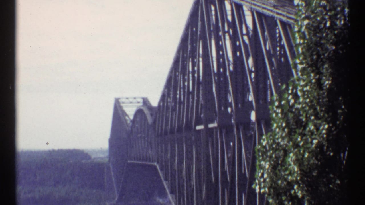 Close view of Alexandra Bridge steel trusses beside leafy trees and pale sky.