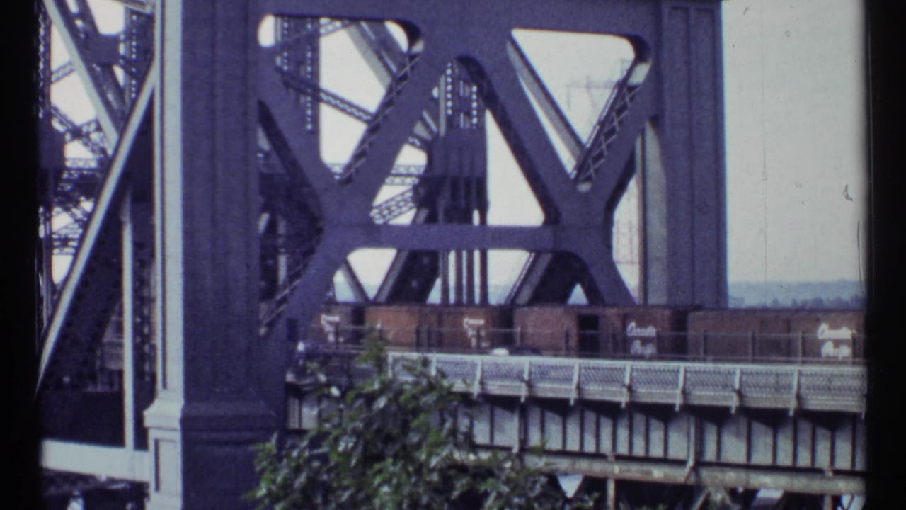 Freight cars crossing a dark steel truss bridge with trees in the foreground.