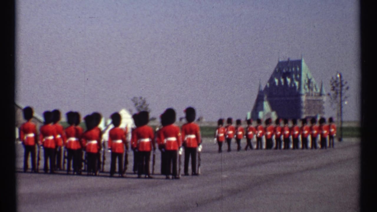 Two lines of red-coated guards face a distant formation near large formal buildings.