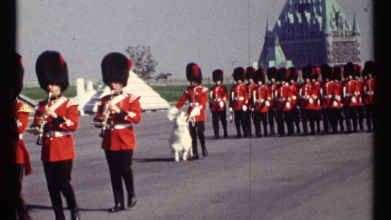 Uniformed musicians stand and march in front of a line of red-coated guards, with a white goat at center left.