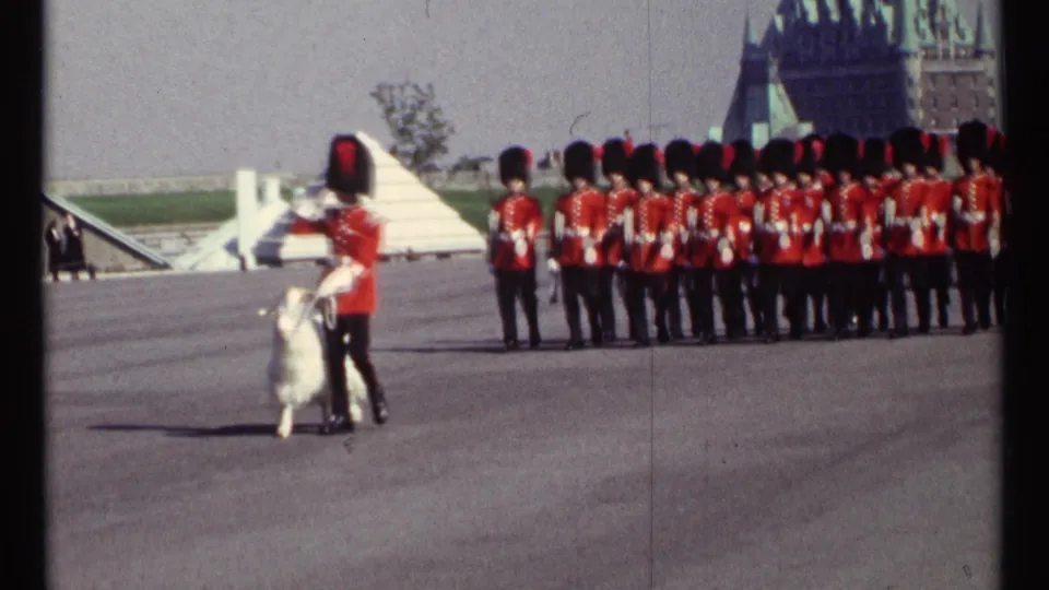 1967 Ottawa frame showing the white ceremonial goat before a long red-uniformed formation, with musicians and official buildings nearby.