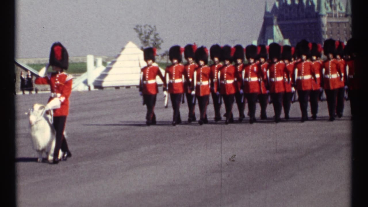 A line of red-coated guards marches across the plaza behind a guard with a white goat.