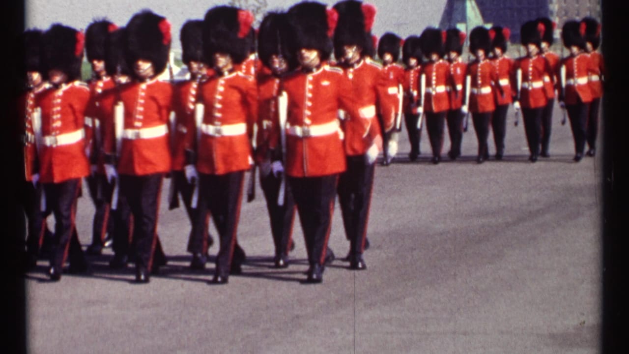 Canadian Guards in Ottawa, 1967, turning in ceremonial formation with rifles while more guards line the background.