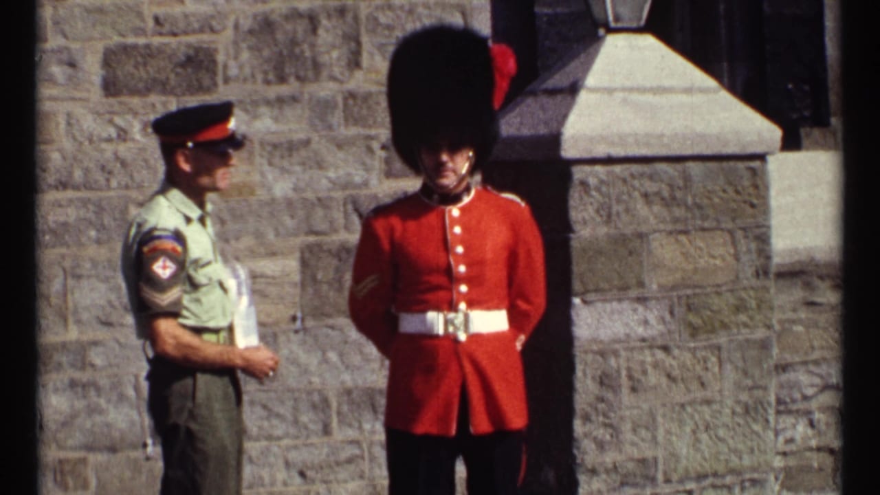 Green-uniformed officer standing beside a red-coated guard against a stone wall.