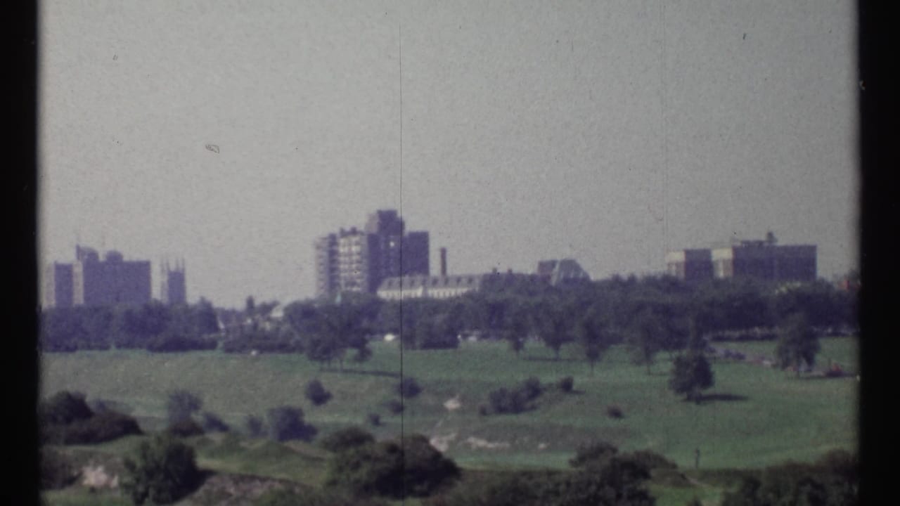 Green parkland with trees and distant buildings across the horizon.