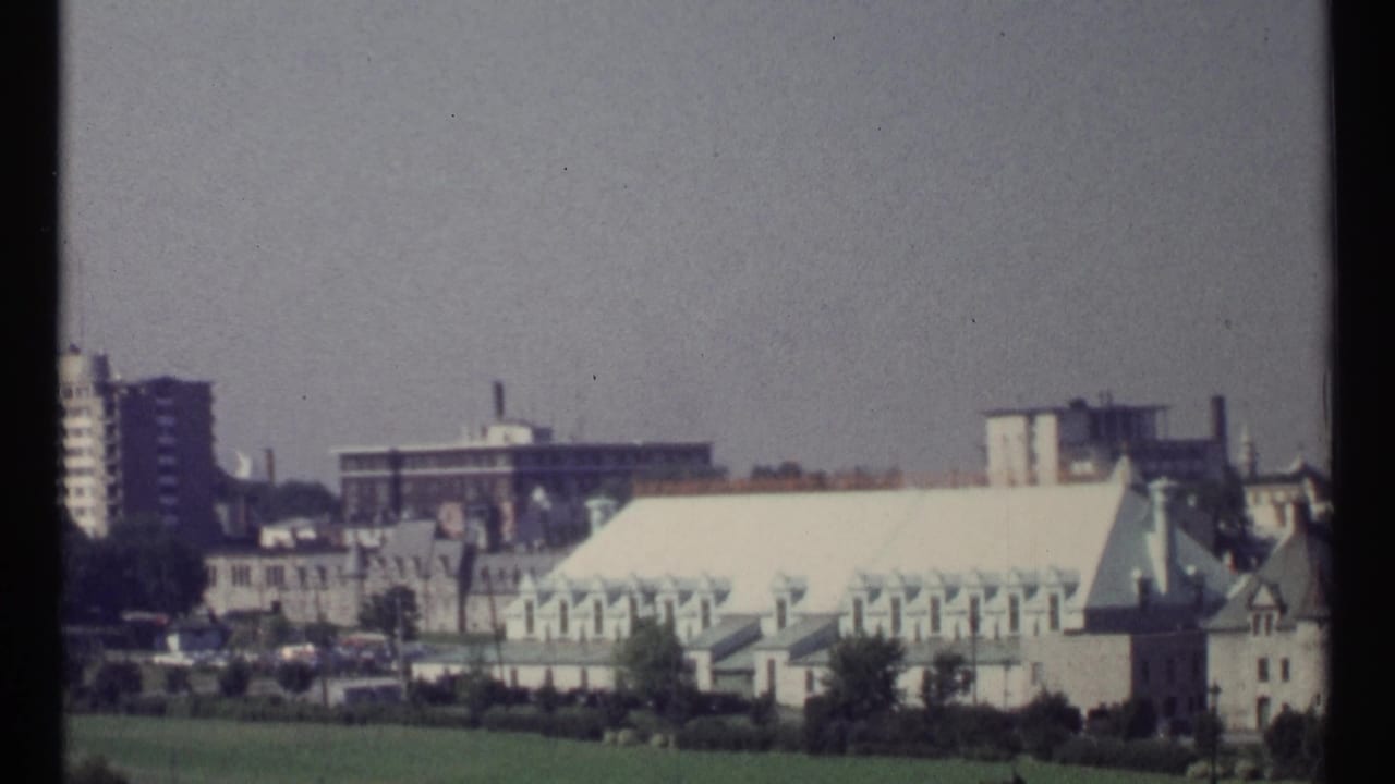 Distant Ottawa buildings with green roofs beyond a lawn and trees.