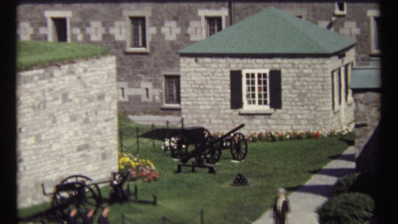 Stone courtyard with cannons on grass beside a green-roofed building and high stone wall.