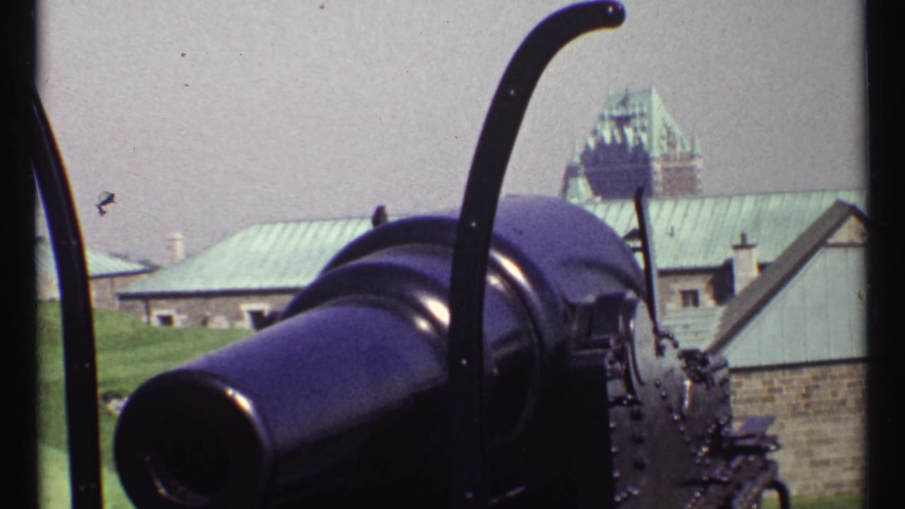 Close view of a dark cannon barrel outdoors with stone buildings and green roofs behind it.