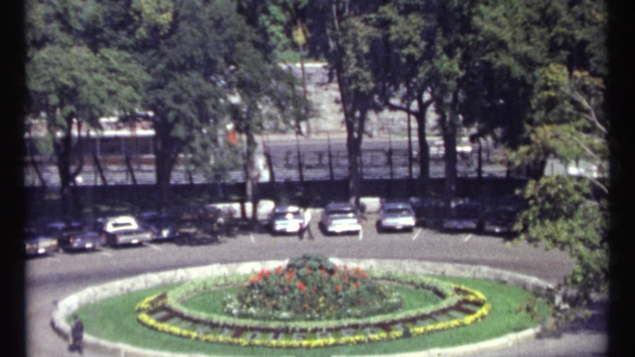 Circular flower bed in a paved roundabout with parked cars, trees, and pedestrians nearby.
