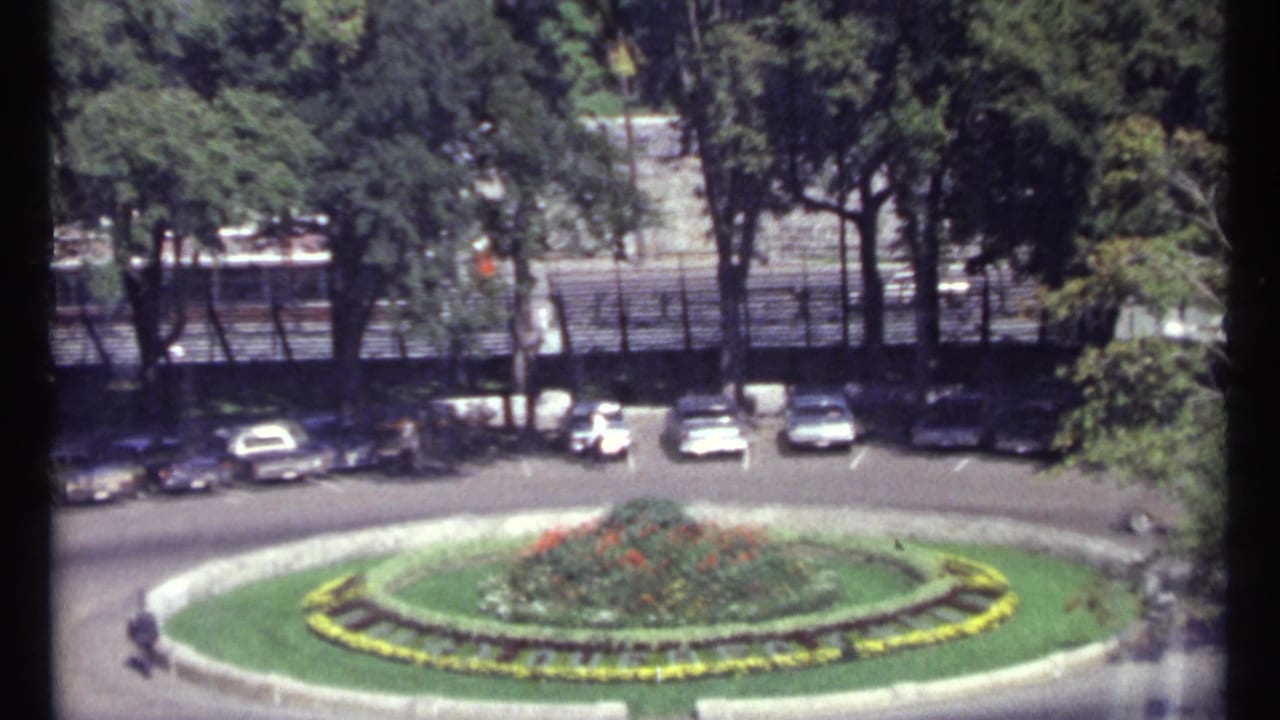 Roundabout flower bed seen from above with parked cars, trees, and small figures along the street.