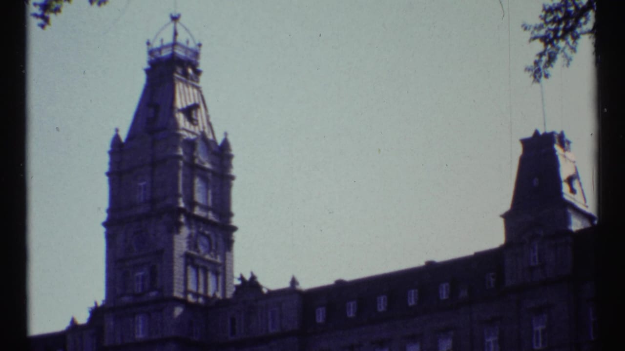 Stone building with a tall clock tower seen from below, framed by sky and tree branches.