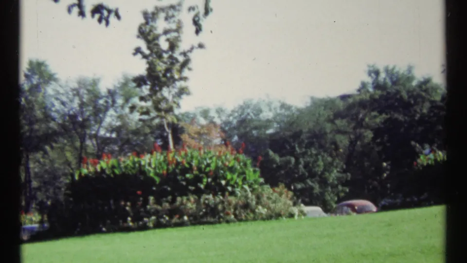 Ottawa 1967 home-movie frame showing a landscaped garden with clipped grass, red flowers, mature trees, and a car partly visible in back.