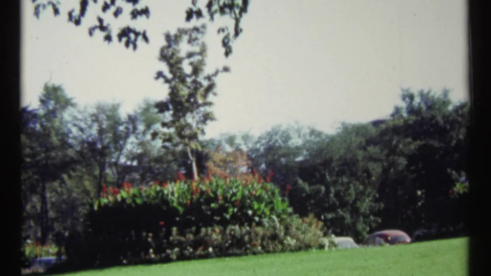 Ottawa 1967 frame of a public-looking garden area with grass, flowering plantings, mature trees, and a partly obscured car in the background.