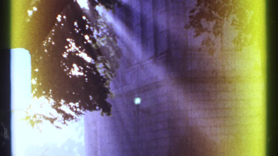 Ottawa home-movie frame showing foliage, a stone wall and an overexposed bright opening in warm shifted color.