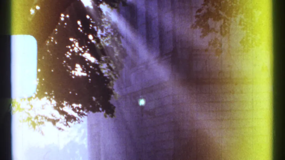 1967 Ottawa frame with a stone facade, dark leaves and pronounced blue-yellow 8mm color shift.