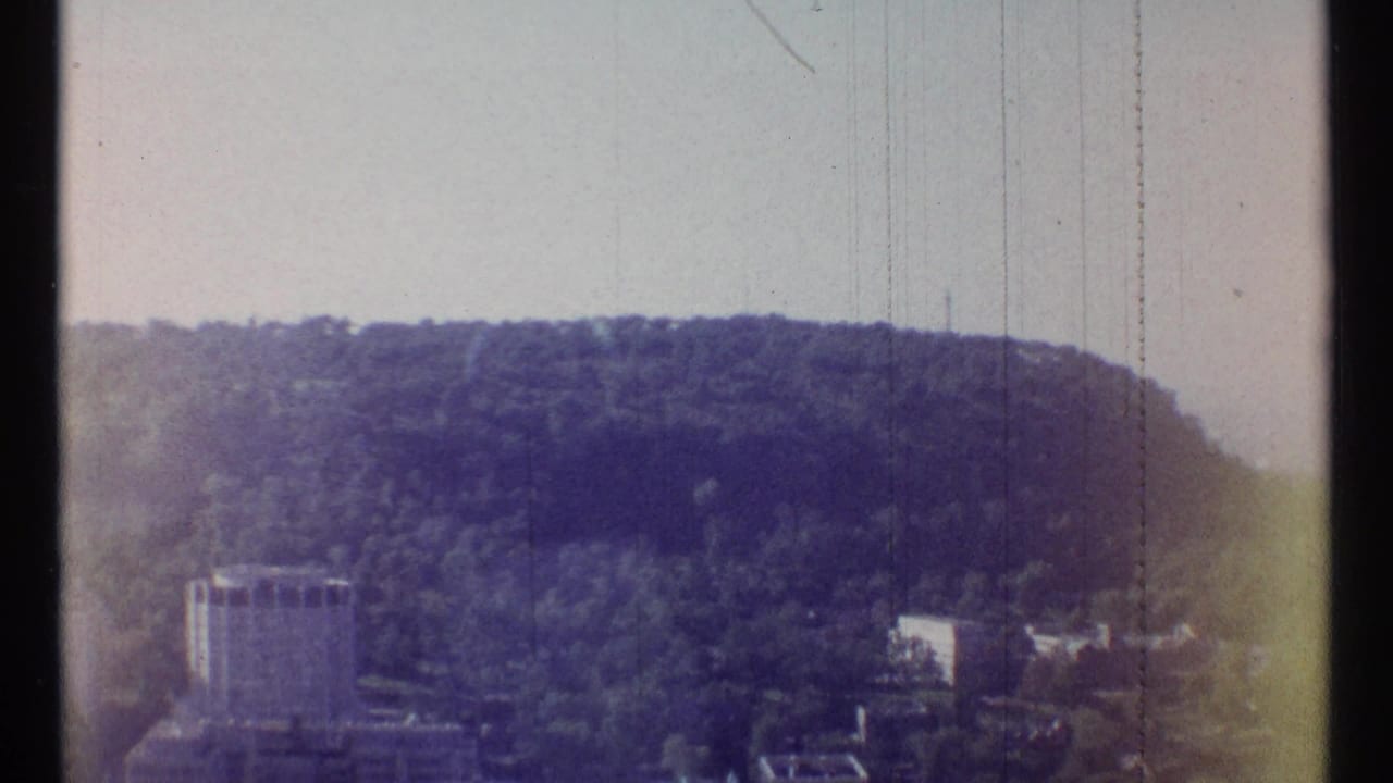 Distant wooded hillside with several buildings under a pale sky.