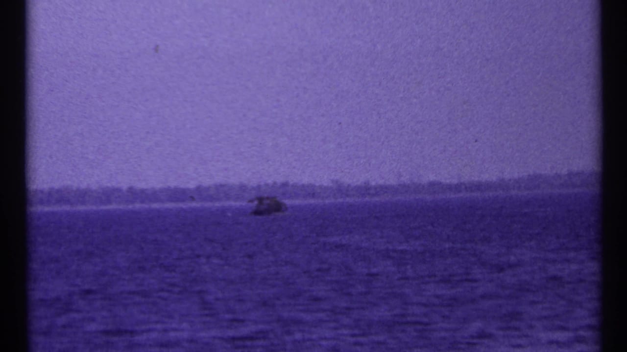 Distant boat on blue-purple lake water with hazy shoreline behind it.