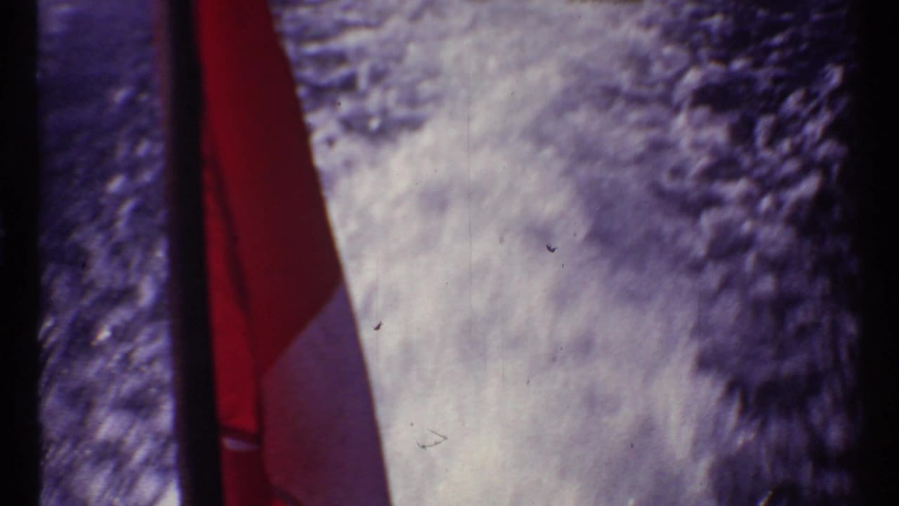 Canadian flag close to the lens with textured pale background and dark frame edge.