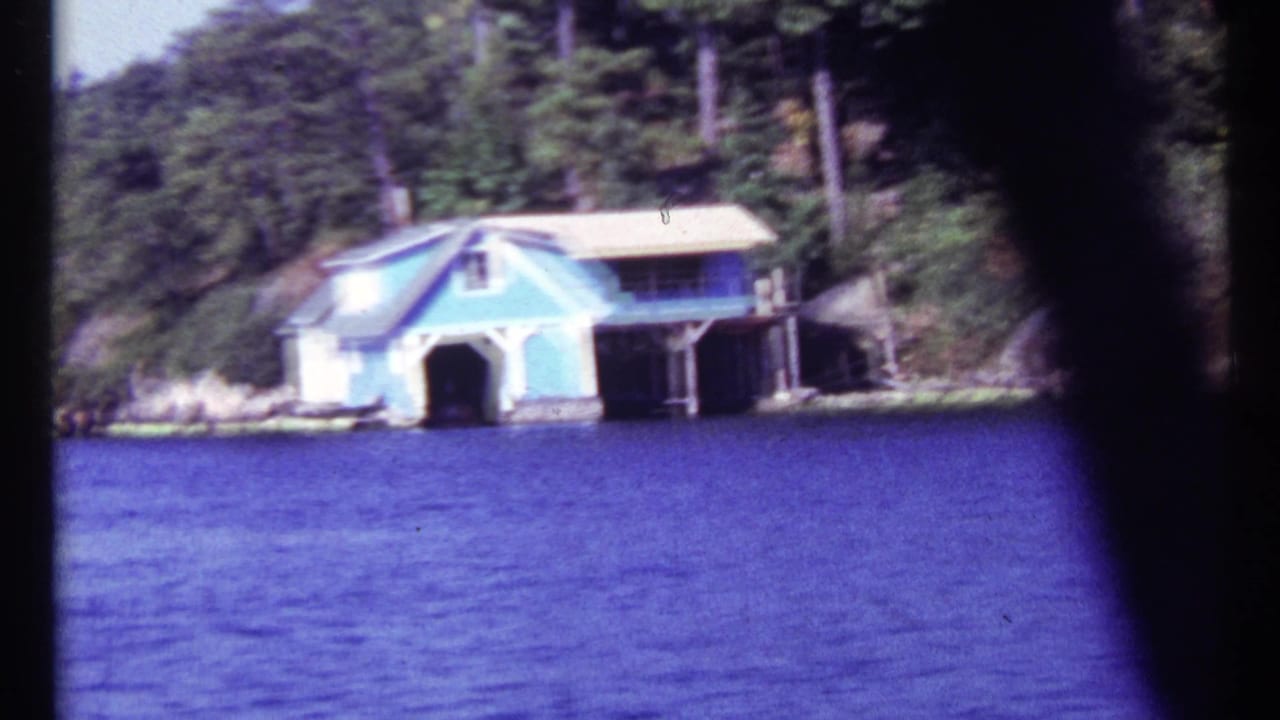 Blue boathouse with a light roof beside wooded shoreline and open water.