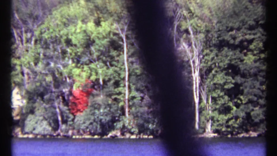1967 Toronto home-movie frame showing blue water, dense shoreline trees, a red object in foliage, and dark foreground posts.