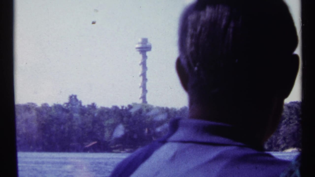 Man seen from behind looking through a boat window toward water and a distant tower.