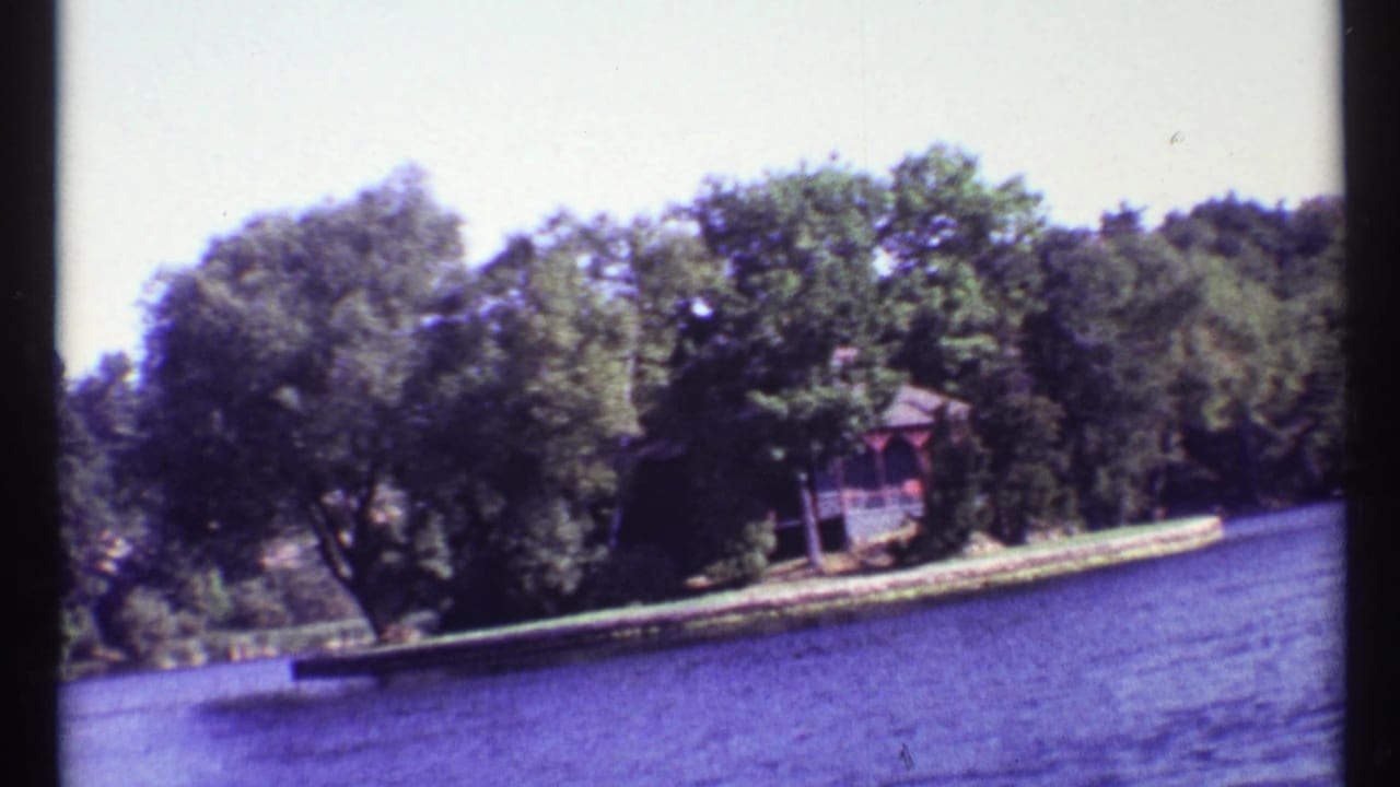 Similar shoreline view with water, dense trees, and a small structure near the bank.